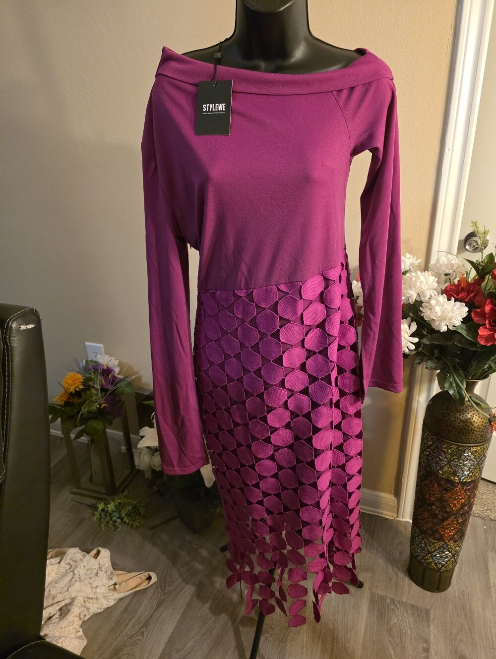 STYLEWE Magenta Off-Shoulder Long Sleeve Dress with Textured Cutout Skirt